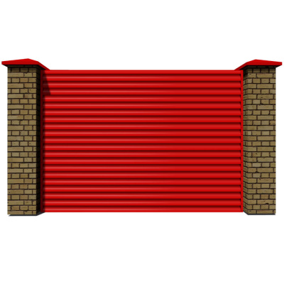 Секция забора жалюзи из ламелей еврожалюзи RAL3020 Красный с кирпичными столбами анфас
